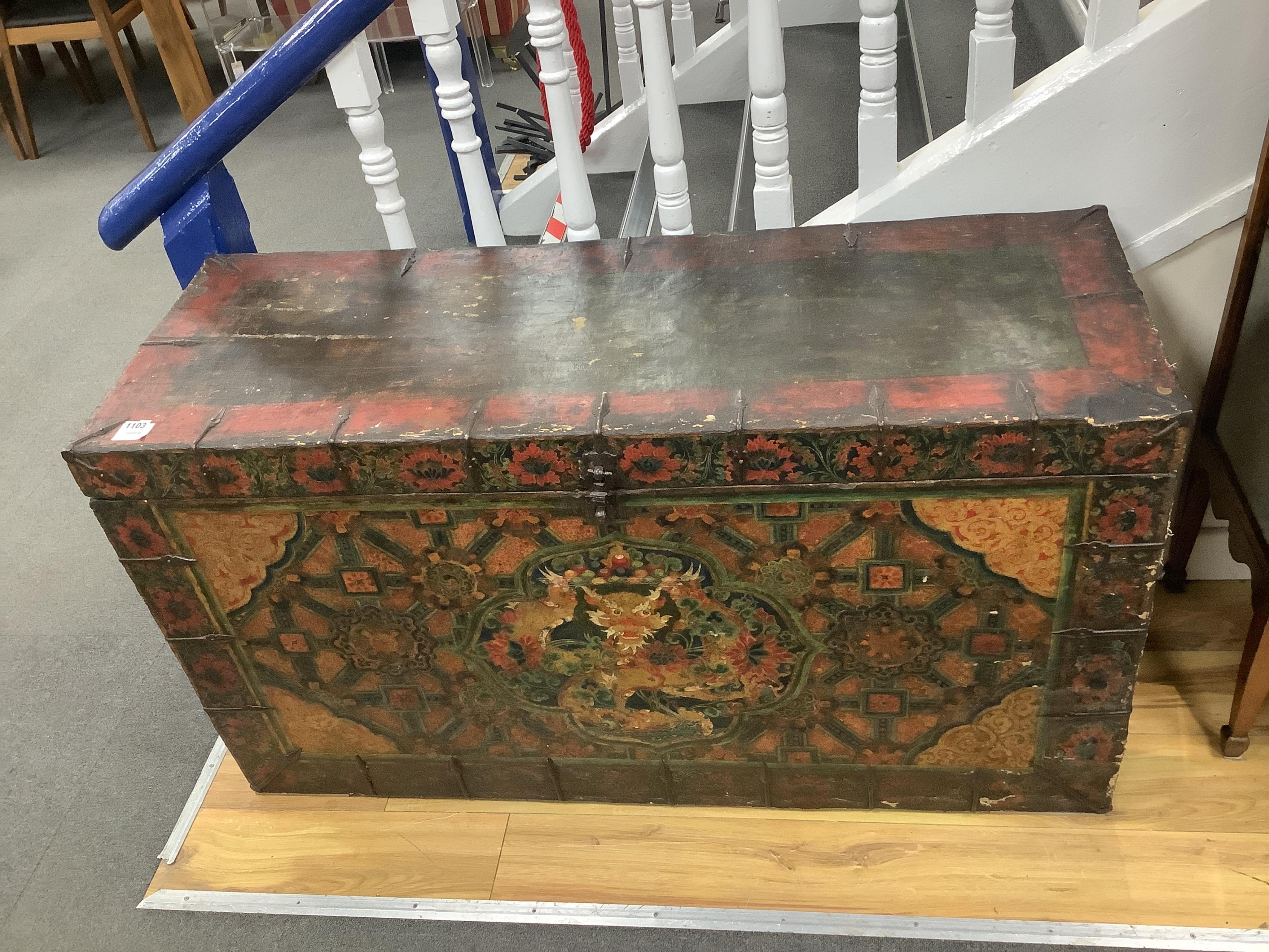 An early 19th century Tibetan, Dzongkha dragon painted trunk, width 122cm, depth 45cm, height 66cm. Condition - fair